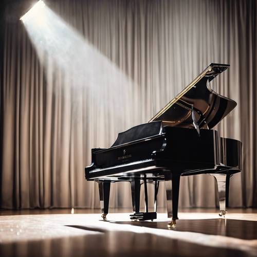 A black grand piano standing majestically on a stage with a white spotlight.