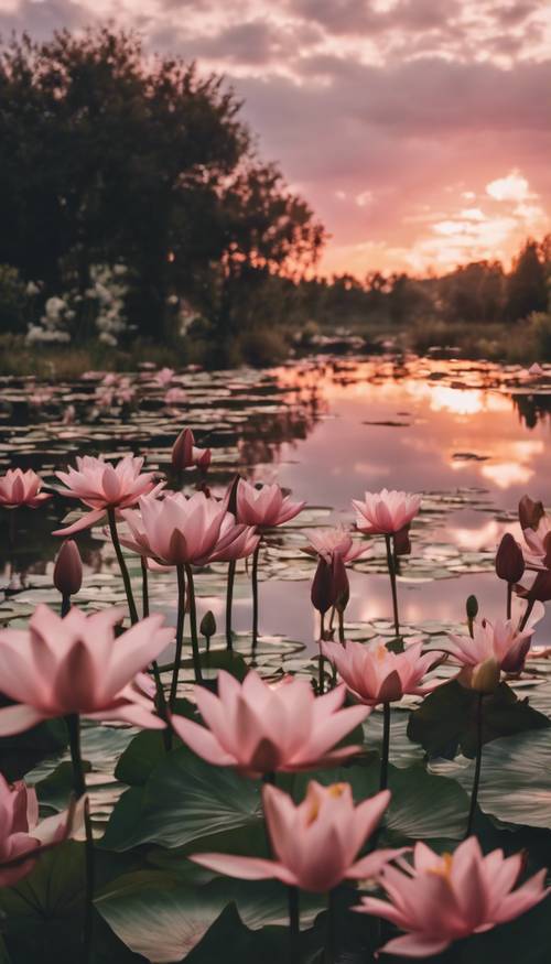 흰 백합과 분홍 연꽃으로 둘러싸인 고요한 연못에 구름이 반사되는 포도주 같은 일몰 하늘.