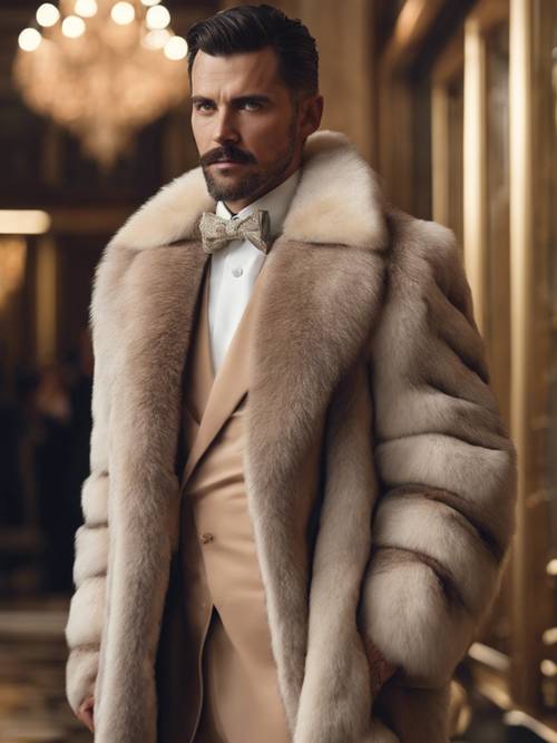 A fashion-conscious man in a luxurious fur coat entering a glamorous grand ball.