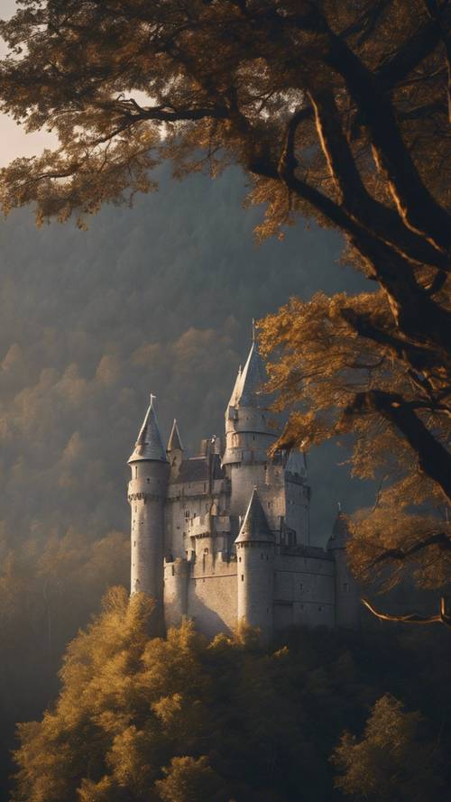 一座神秘的灰色城堡，被金色的光芒照亮，隐藏在黑暗茂密的森林之中。