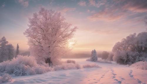 Eine verschneite Landschaft im Morgengrauen, in der der Himmel atemberaubende Streifen pastellfarbenen Lichts zeigt.