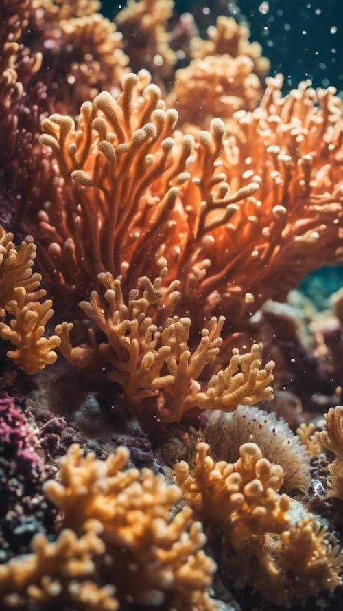 Um coral próspero no fundo do mar, beijado pelos raios dourados do pôr do sol.