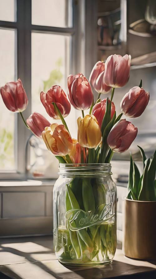 Uma pintura de um ramo de tulipas em um frasco de vidro em meio a uma cozinha.