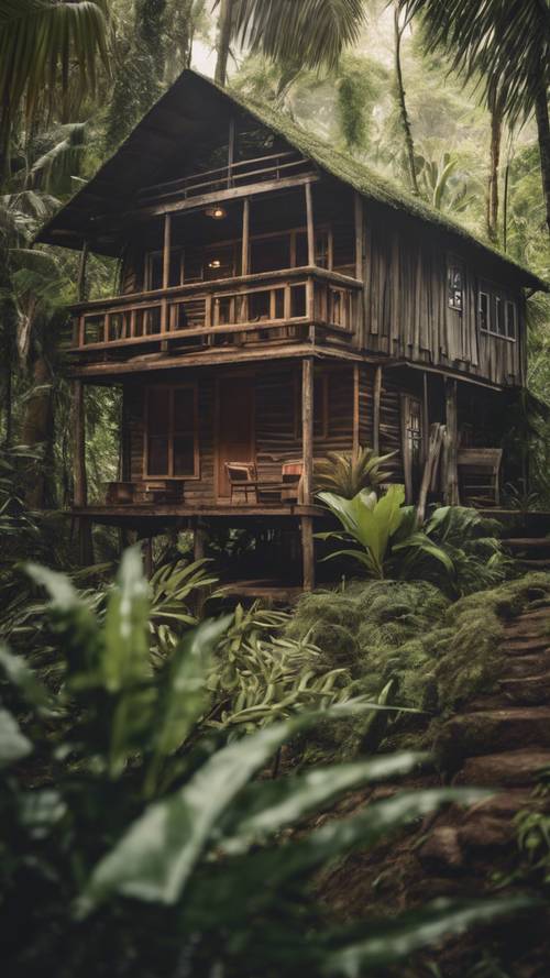Una cabaña vintage ubicada en medio de una selva tropical