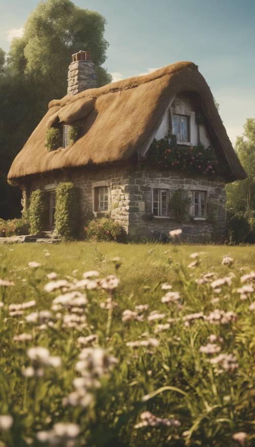 Peaceful scenery of an old fashioned cottage in a sunlit meadow. Tapeta [83ab46ff010b4252a2ed]