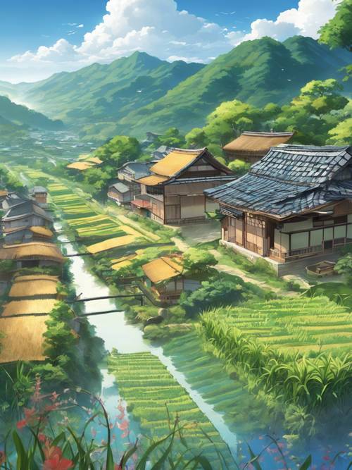 Eine ruhige Anime-Darstellung eines ländlichen japanischen Dorfes, umgeben von Reisfeldern und Bergen.