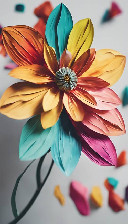Un primer plano de una flor geométrica vibrante con pétalos angulares multicolores sobre un fondo blanco minimalista.