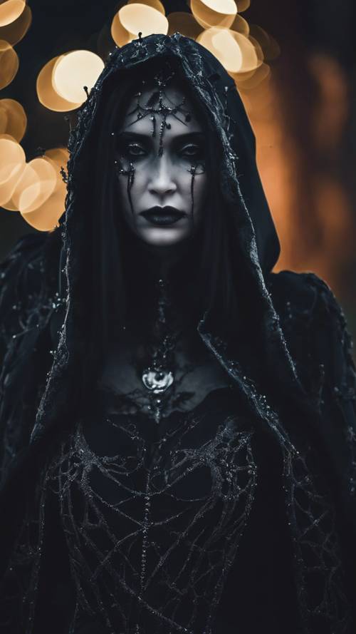 Trang phục gothic tối màu trên một nhân vật bí ẩn, hiện rõ dưới đêm trăng mờ.