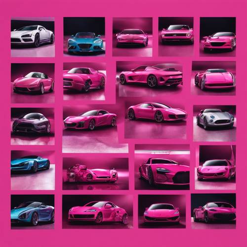 Un collage de color rosa intenso que muestra diferentes tipos de autos deportivos.