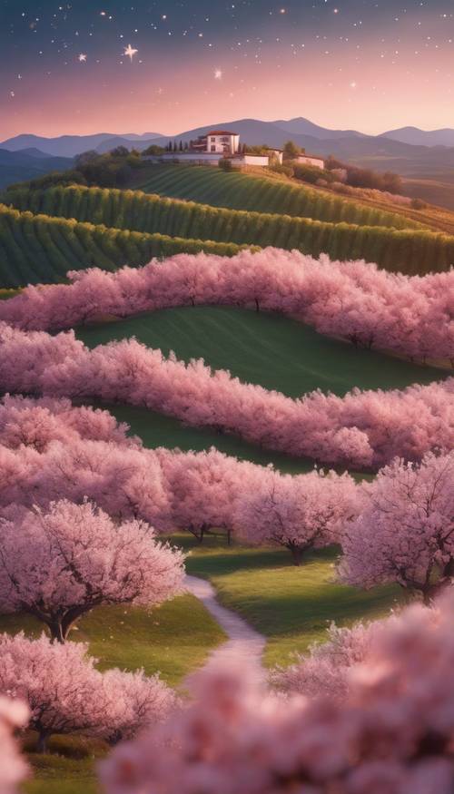 A whimsical landscape with rolling hills covered in peach trees flowering under the starry twilight sky.
