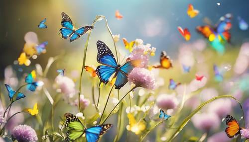 A magical scene of musical notes turning into colorful butterflies on a bright spring day.