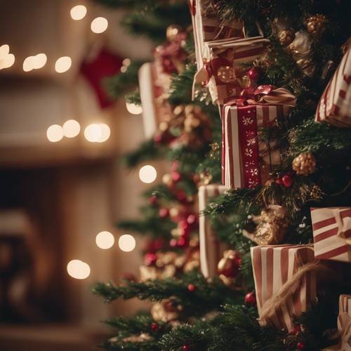 Ein rustikales Bauernhaus mit Popcornsträngen und Preiselbeeren, die an einem echten Weihnachtsbaum hängen, mit in einfaches braunes Papier eingewickelten Geschenken darunter.