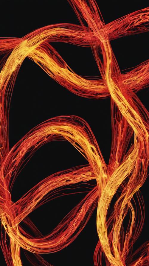 A surreal pattern of intertwining red and yellow light streaks on a black background. The colors seem to ooze and blend, almost like fiery lava flowing.