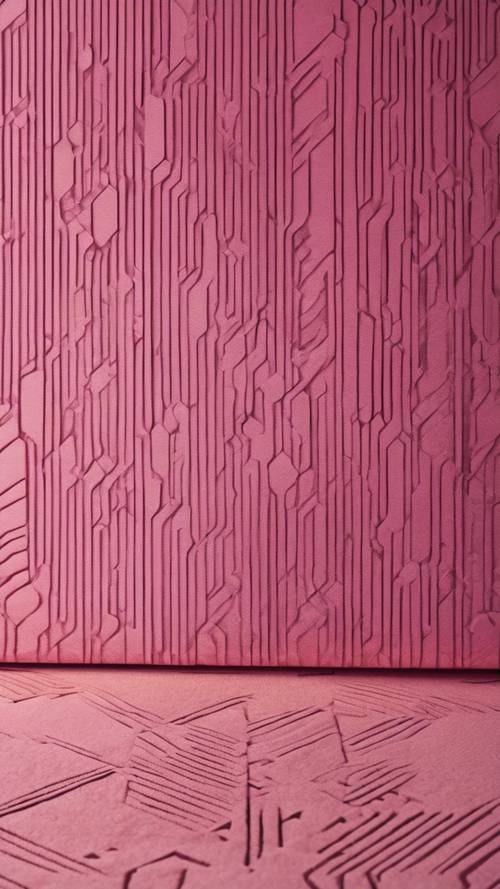 미니멀한 거실에 배치된 초현대적인 러그를 가로지르는 추상적인 분홍색 기하학적 패턴입니다.