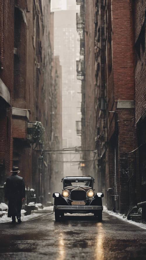 A 1920s mafia car chase through a narrow, rainy alleyway in Chicago.