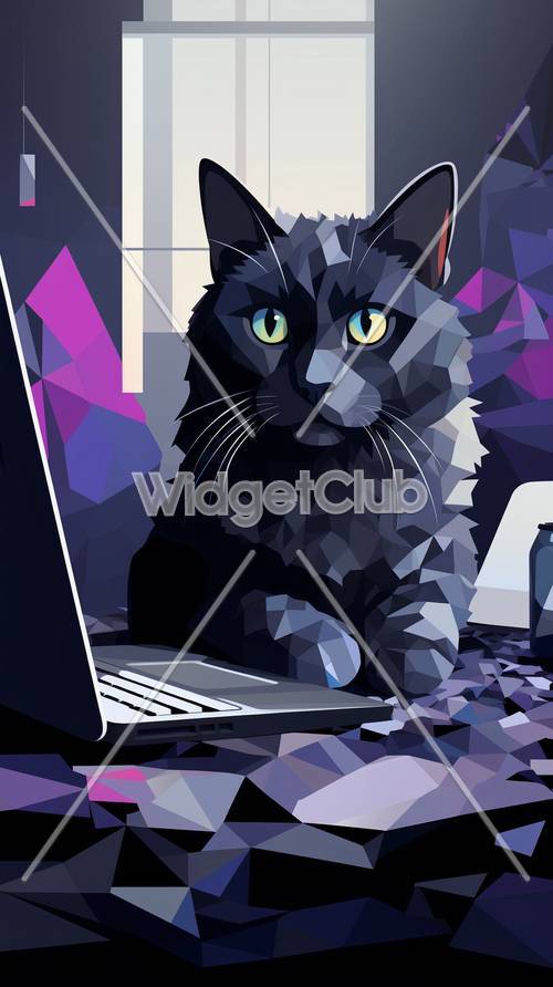 חתול גיאומטרי מגניב ליד מחשב נייד