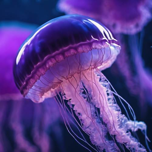 Elegancka meduza mieniąca się fioletem i błękitem na tle głębokiego morza