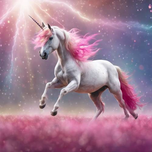 一隻神奇的獨角獸，有著酷炫的粉紅色鬃毛，在彩虹中騰躍。