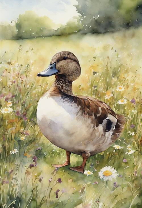 Uma pintura rústica em aquarela de um pato marrom e gordo passeando em um prado gramado, cercado por flores silvestres.