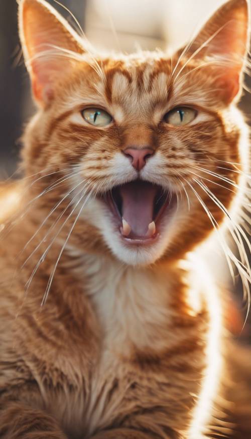 柔らかなオレンジ色の輪に囲まれたあくびをする猫