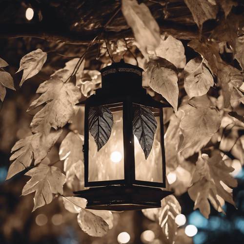 Un gruppo di foglie bianche svolazzanti attorno a una vecchia lanterna rustica nella notte.