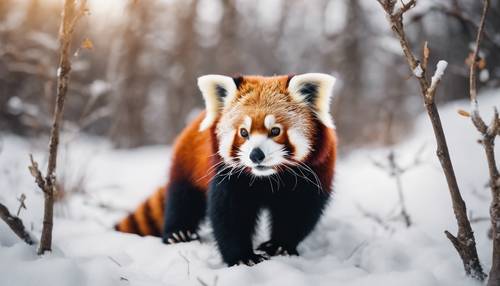 Um lindo panda vermelho com manchas pretas em um habitat cheio de neve.