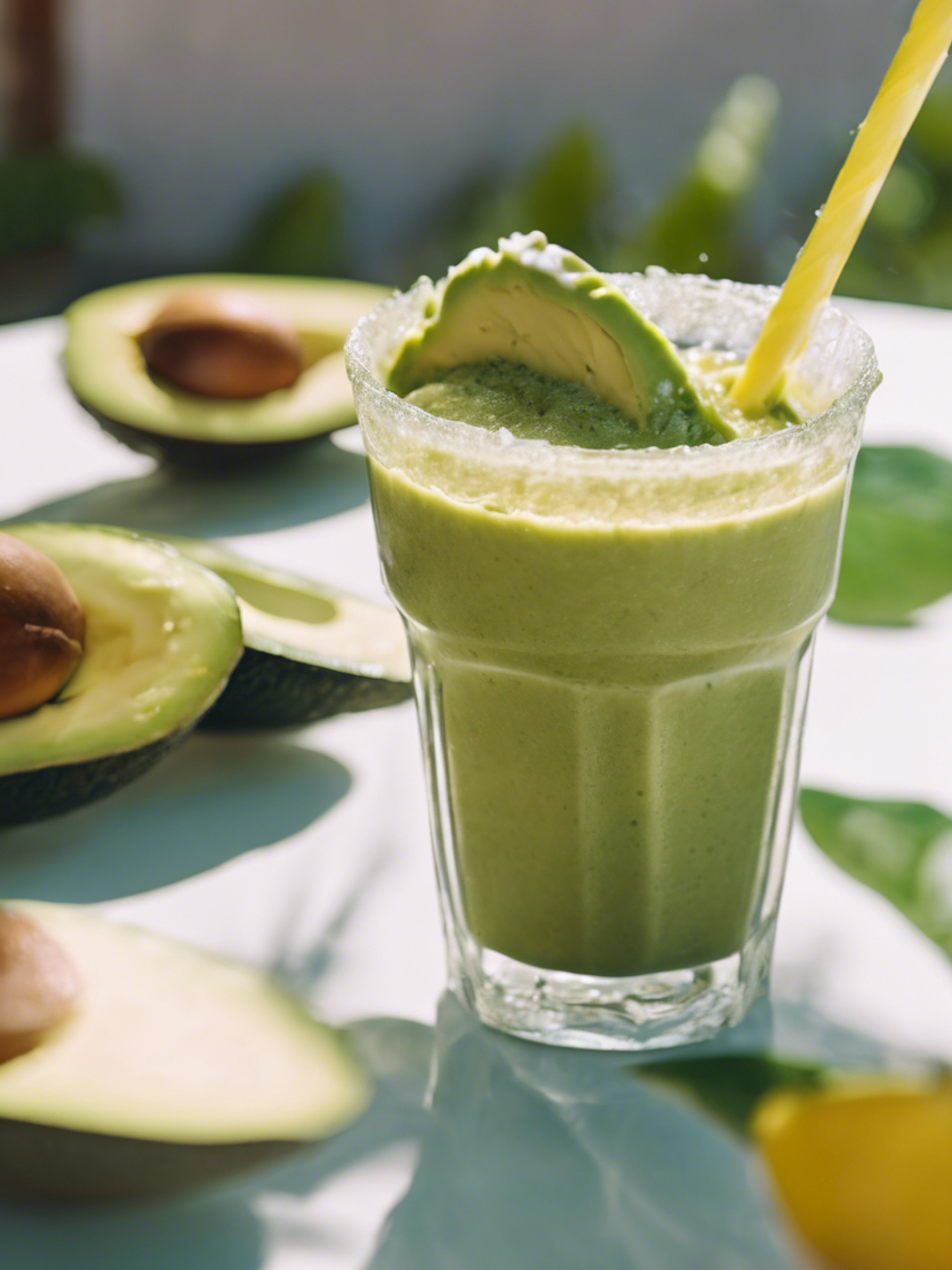 A playful avocado sipping on tropical smoothie on a hot summer day 墙纸[3b128a2f6f1a4fb38d08]