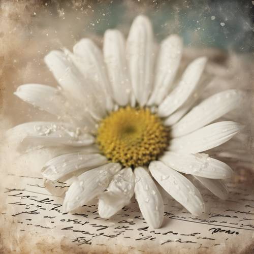 Kartu pos romantis antik yang menampilkan bunga aster putih halus dengan catatan cinta tulisan tangan yang pudar.