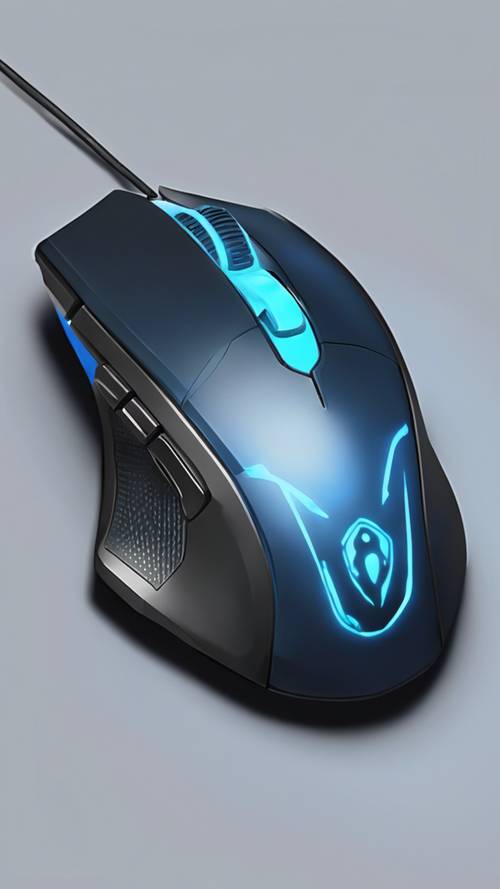 Un&#39;immagine ravvicinata di un mouse da gioco blu neon con luci LED luminose.