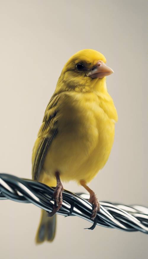 Ein minimalistisches Porträt eines gelben Kanarienvogels, der auf einem dünnen Silberdraht thront