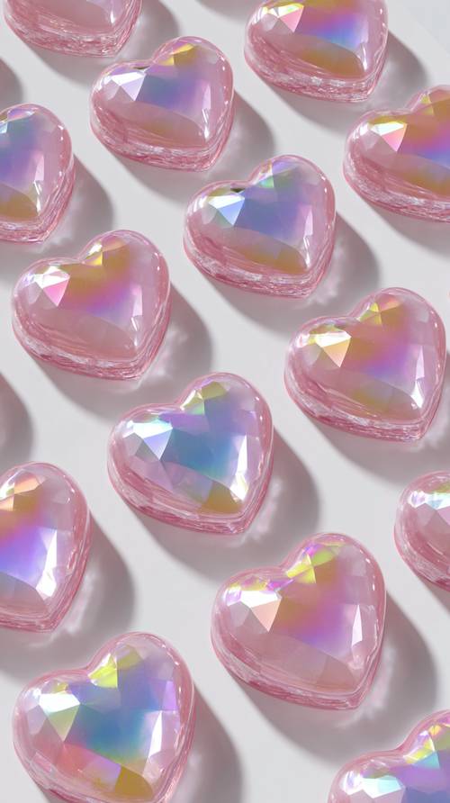 Glänzende rosa Kristallherzen in Regenbogenfarben