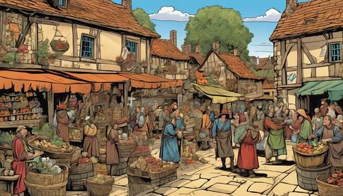 ภาพการ์ตูนเกี่ยวกับตลาดที่มีชีวิตชีวาในหมู่บ้านชนบทยุคกลาง