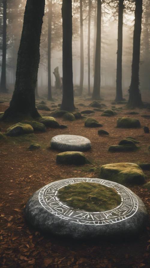 Una foresta nebbiosa con un antico cerchio di pietre al centro, rune misteriose incise sulle pietre.