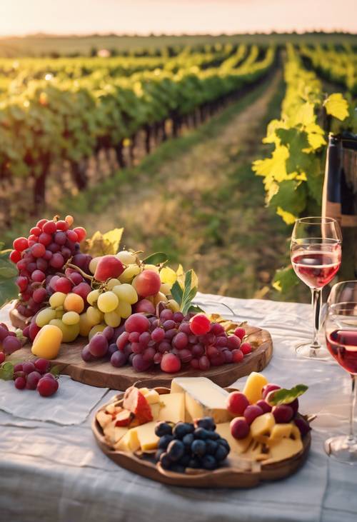 A table decorated with fresh summer fruits, cheese platter and wine laid out in a lush vineyard during the golden summer sunset.