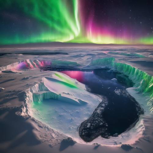 Multicolored northern lights over the ice caps of Earth visible from space. Шпалери [6bd467f487914600a1f4]