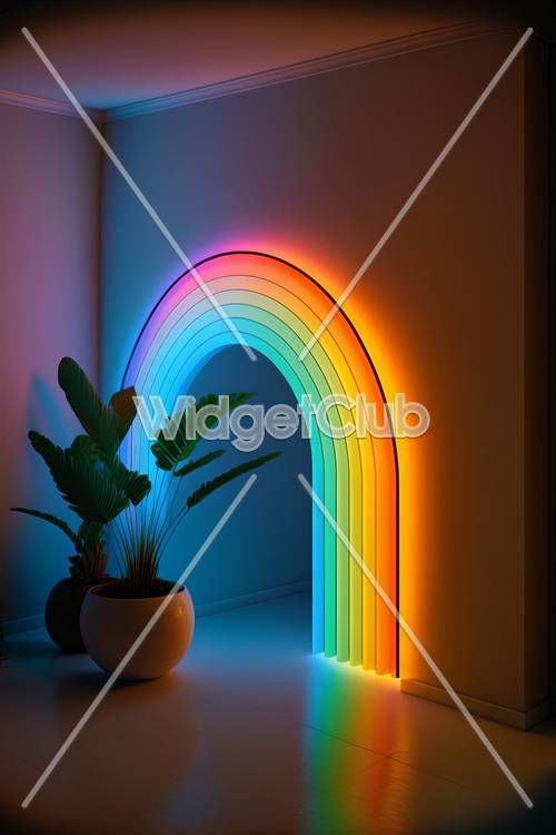 Luz colorida del arco iris con planta en la habitación