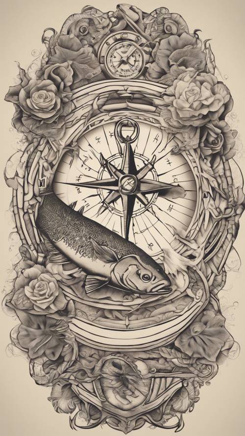 항해를 주제로 한 물고기자리 문신 디자인으로 두 마리의 물고기가 나침반 주위를 헤엄쳐 다니는 모습이 그려져 있으며 복잡한 디테일과 대담한 선이 특징입니다.