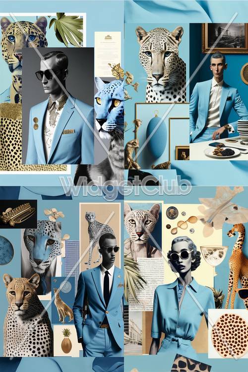 Стильный модный коллаж с синим и животным принтом