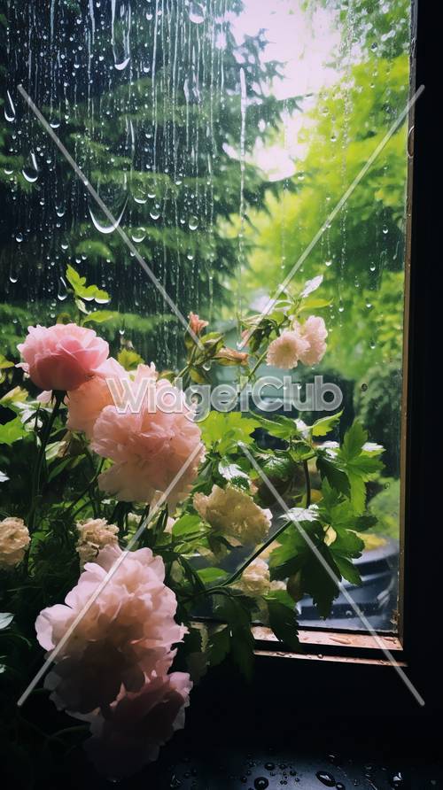 Vista de rosas y hortensias de día lluvioso