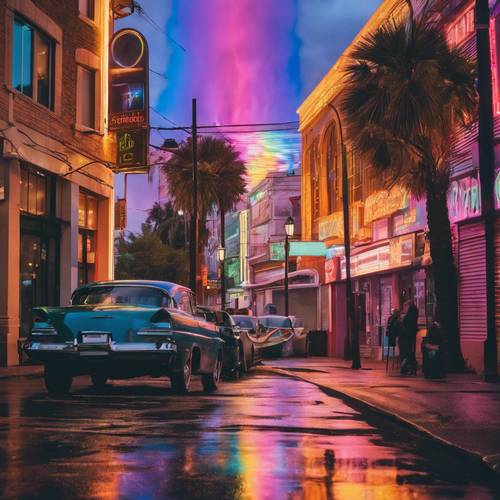 巨大なネオン虹の光に包まれた街並み