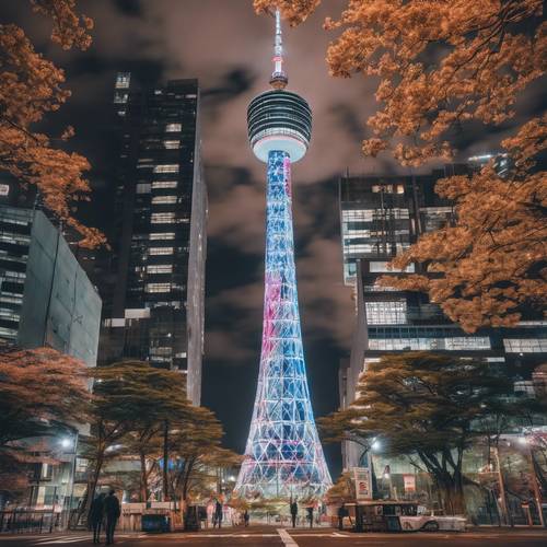 “夜晚的东京塔灯火通明。”