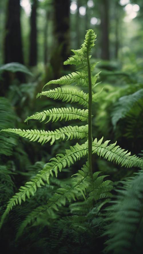 Ein Bild eines üppigen grünen Farns, der sich im Wald entfaltet, mit einem Zitat über Entwicklung und Wachstum.