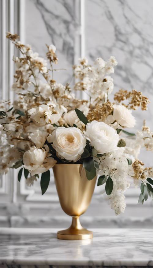 Elegante arreglo floral en tonos blanco y dorado, colocado elegantemente sobre una mesa de mármol.