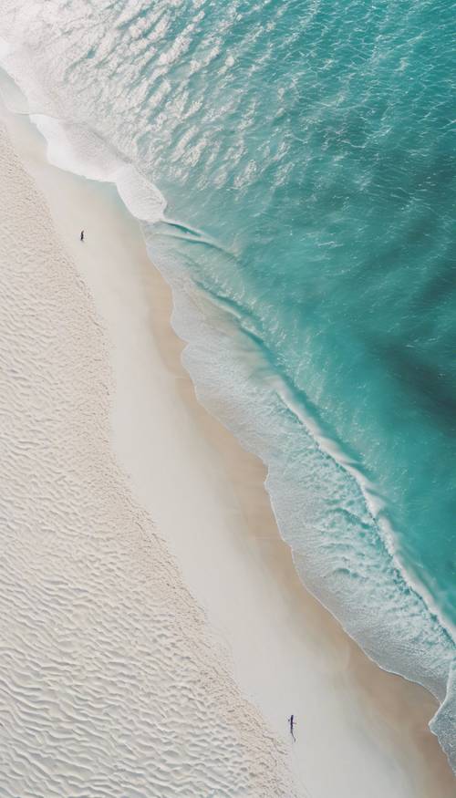 منظر جوي لبحر أزرق مخضر يعانق الشاطئ الرملي الأبيض.