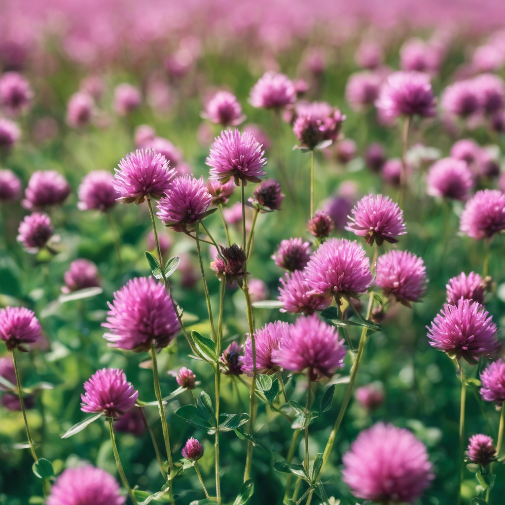 A field of wild pink clover under a clear blue sky วอลล์เปเปอร์[63b6e156f6794d94919d]