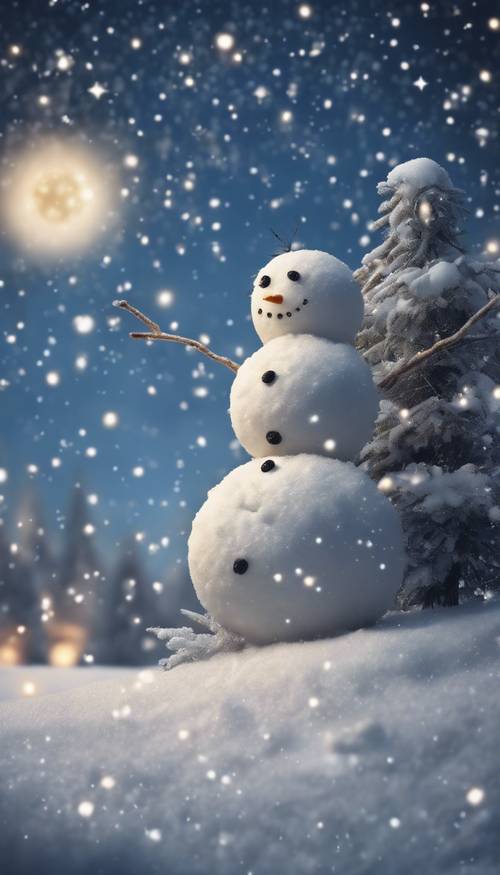 宁静的冬日场景，繁星闪烁的天空下，有一个孤独的雪人。
