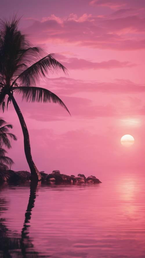 Um pôr do sol tropical rosa refletindo nas águas calmas de uma lagoa de ilha.