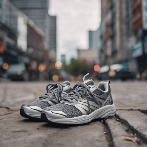 A pair of gray and silver athletic shoes against a city streetscape.