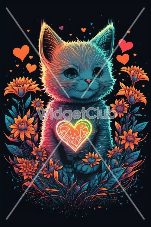 カラフルな猫とお花の壁紙