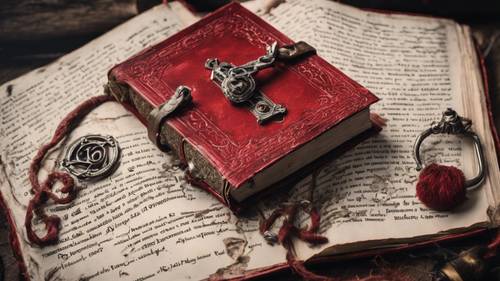 Libro de hechizos gótico rojo desgastado, sellado con un candado plateado.